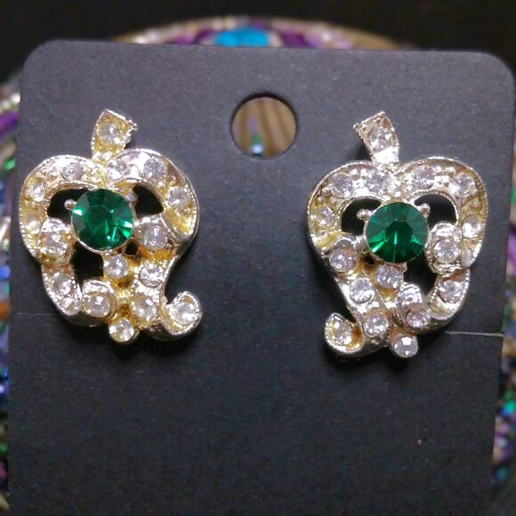 Vintage Green Rhinestone Earrings Screw Back Victorian Style Floral Leaf Silver - Picture 10 of 13